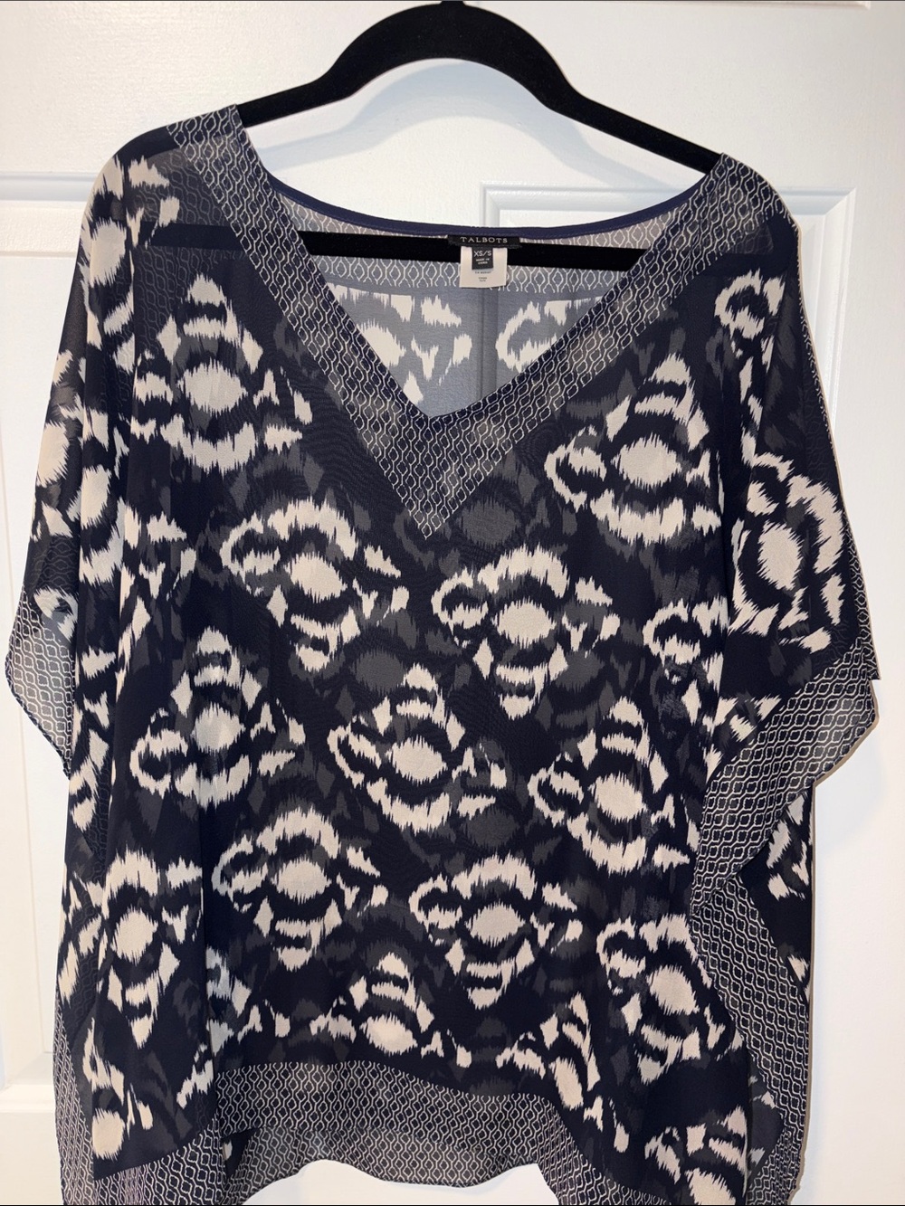 Talbots Blue & White 100% silk V-Neck Ikat-Style Women's Tunic